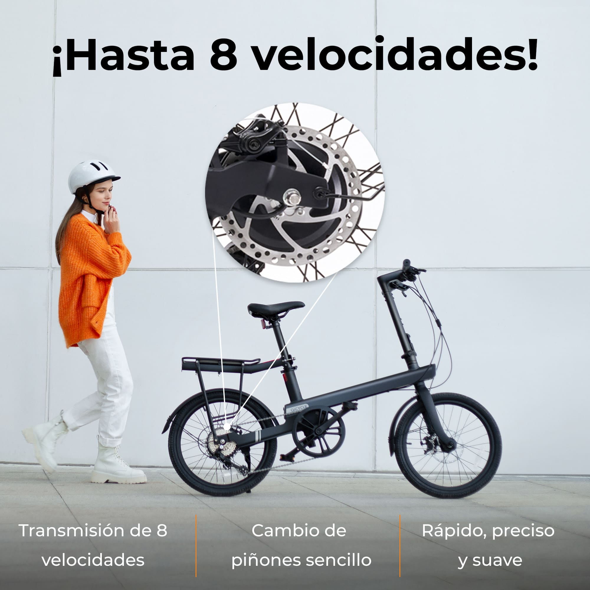 Una mujer y una bicicleta eléctrica, con texto que indica 8 velocidades y otras características.