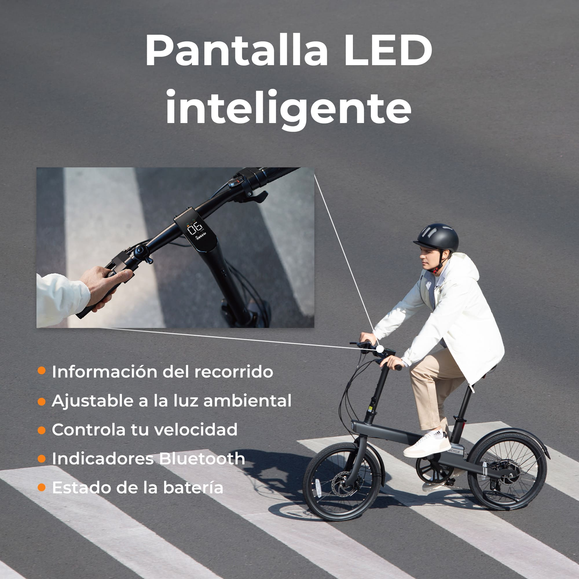Persona en patinete con pantalla LED inteligente en paso de cebra, burbujas de texto.