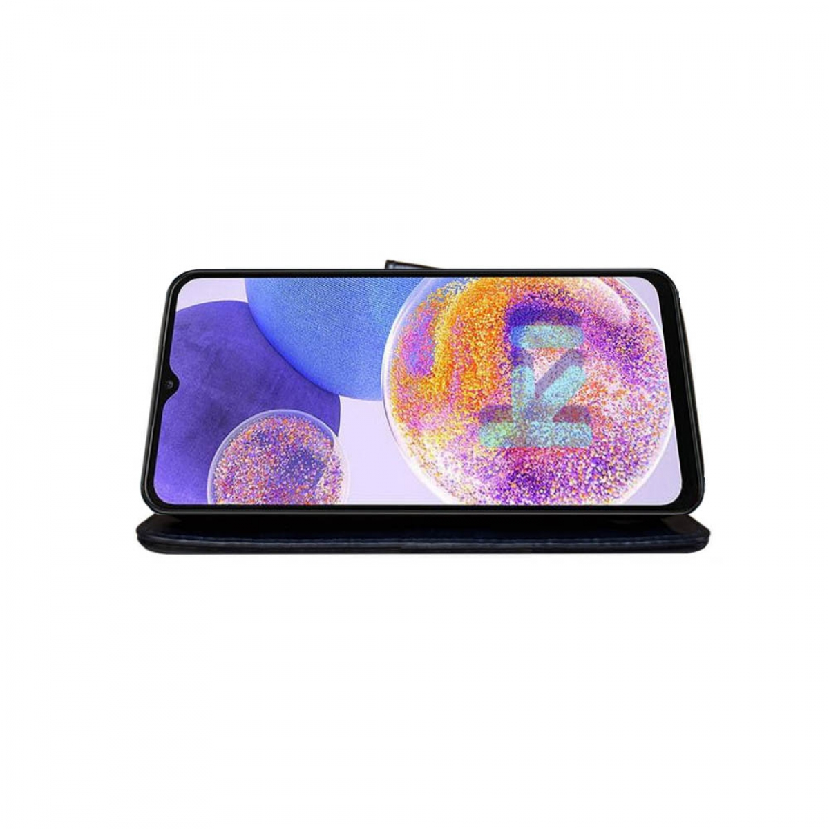Schwarze Handyhülle mit einem Telefon, das farbenfrohe Grafiken anzeigt. Die Hülle ist offen.