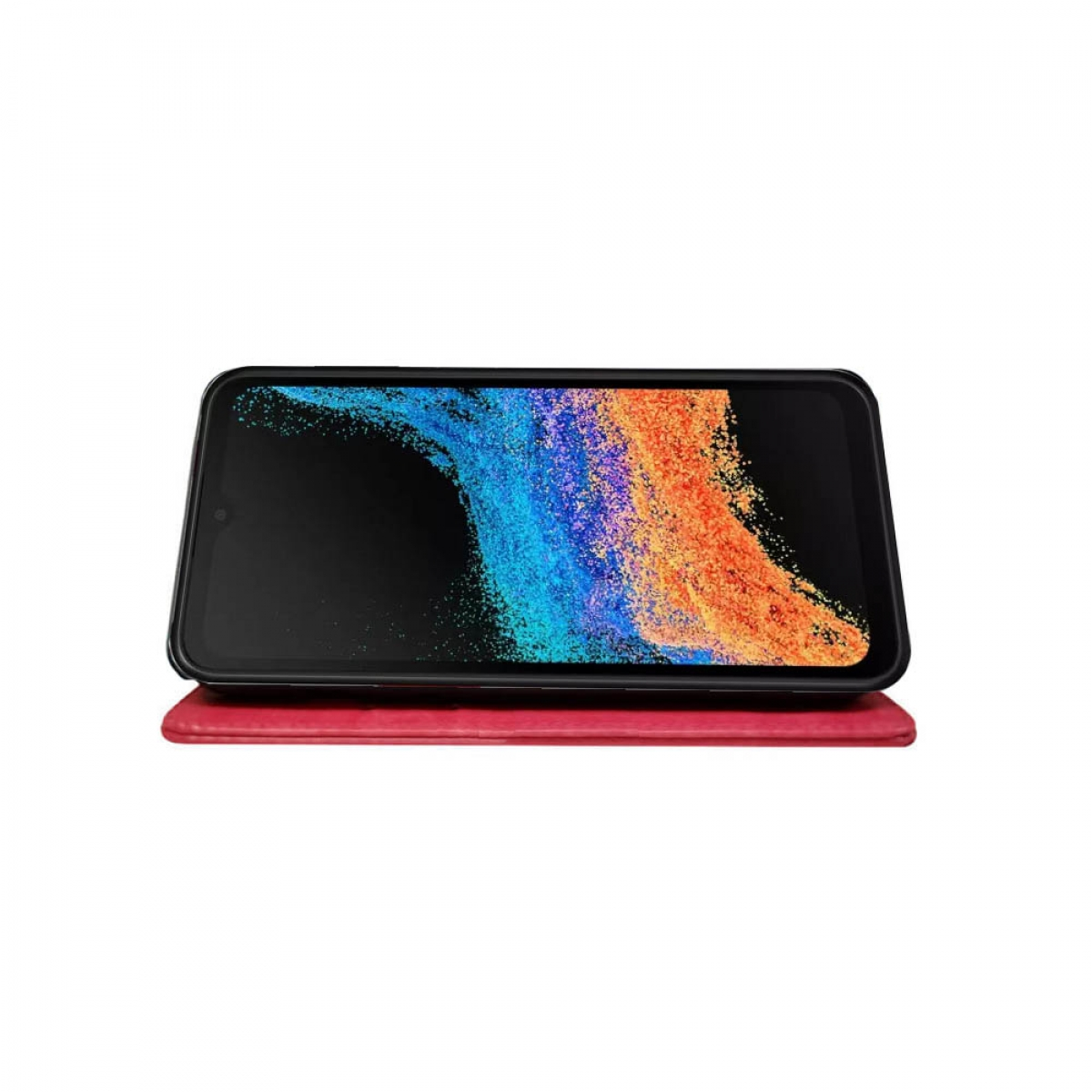 Smartphone auf rotem Case. Der Bildschirm zeigt ein farbenfrohes abstraktes Bild.