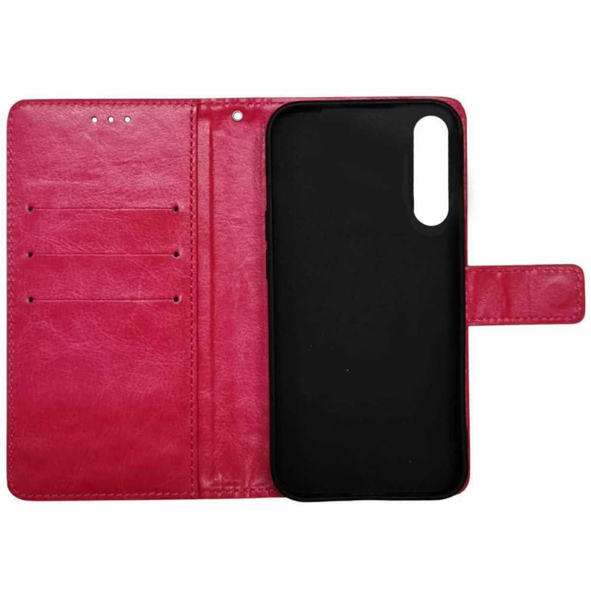 Eine rosa Handyhülle geöffnet, mit einem schwarzen Telefonhalter und Kartenfächern.