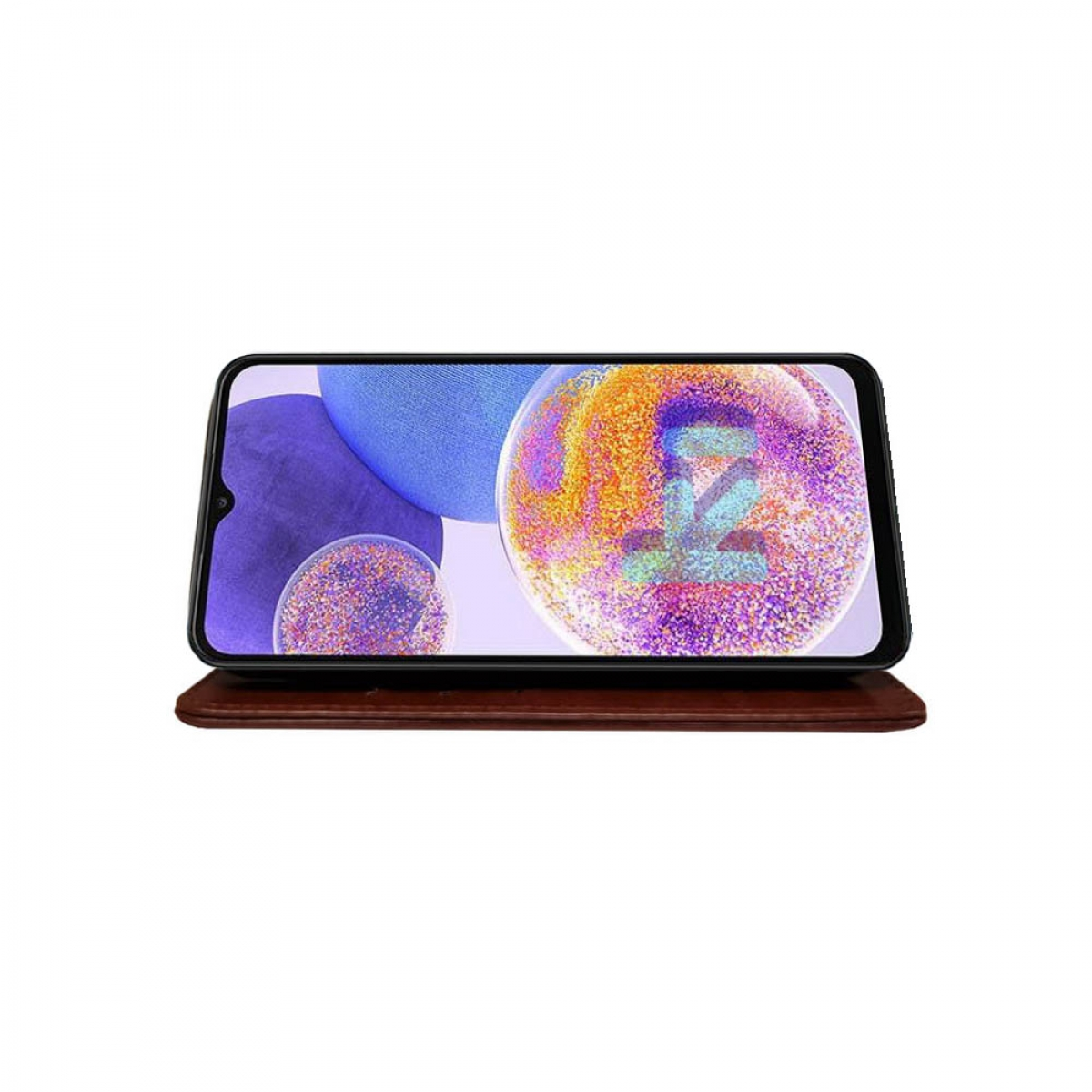 Ein Telefon, das auf einem Ständer geöffnet ist und einen bunten Hintergrund mit Blasen zeigt.