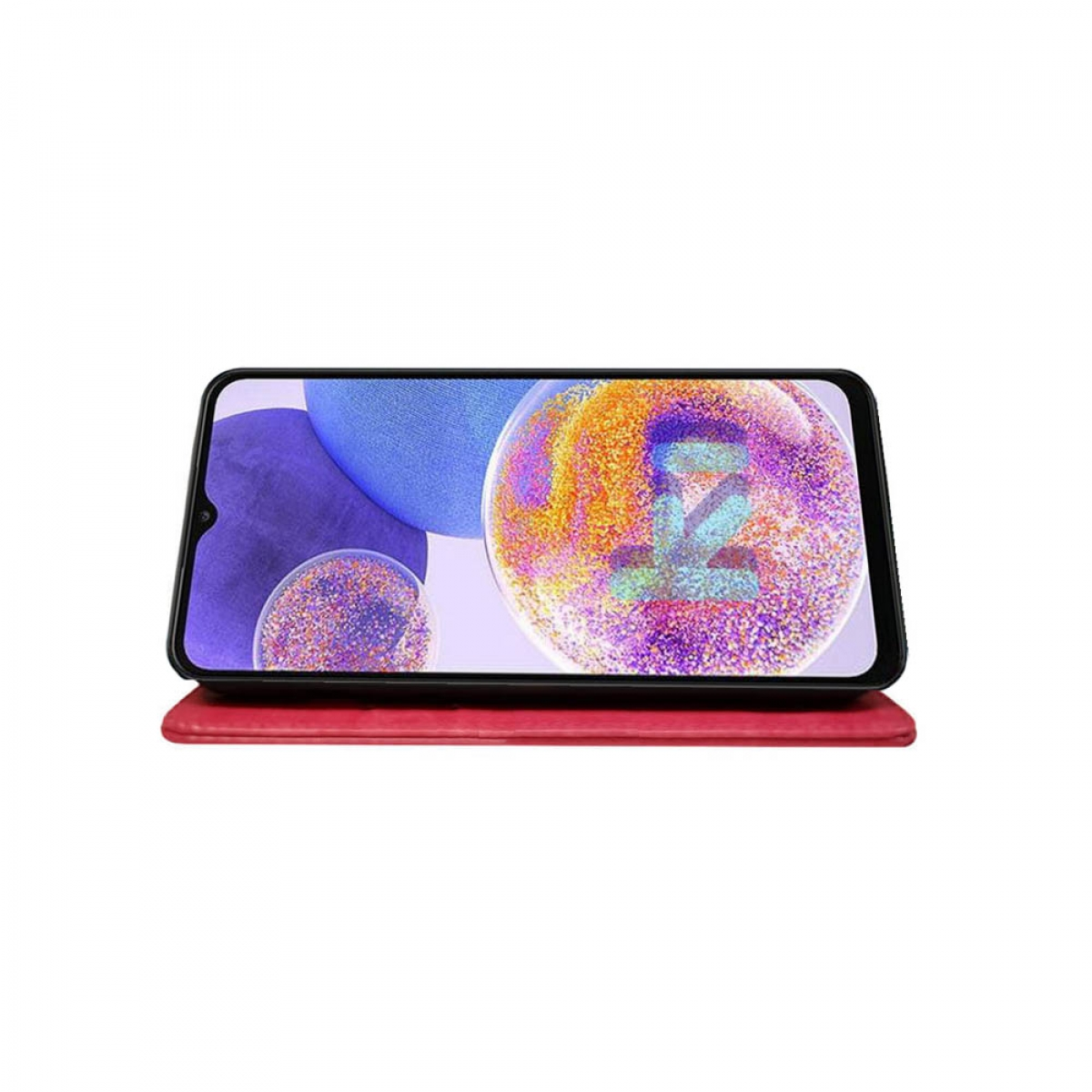 Ein Telefon mit einem Bildschirm, der ein farbenfrohes Bild zeigt. Es liegt auf einem roten Case.