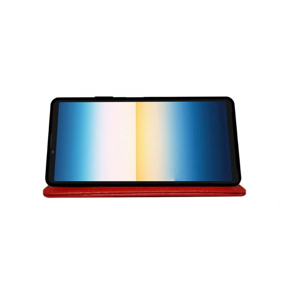 Ein Tablet mit roter Hülle, das einen lebendigen Bildschirm anzeigt, auf weißem Hintergrund.