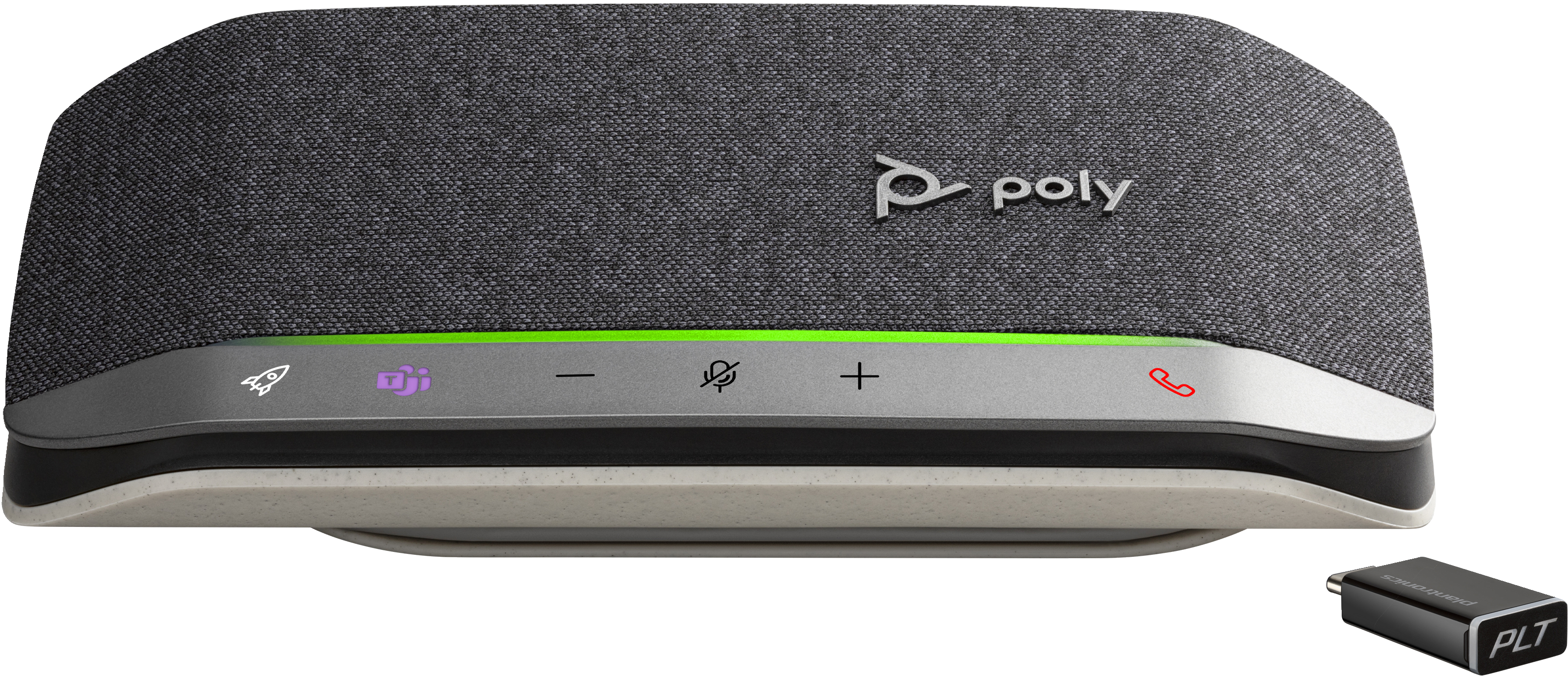 Vivavoce Poly con pannello di controllo e adattatore wireless nero, vista ravvicinata.
