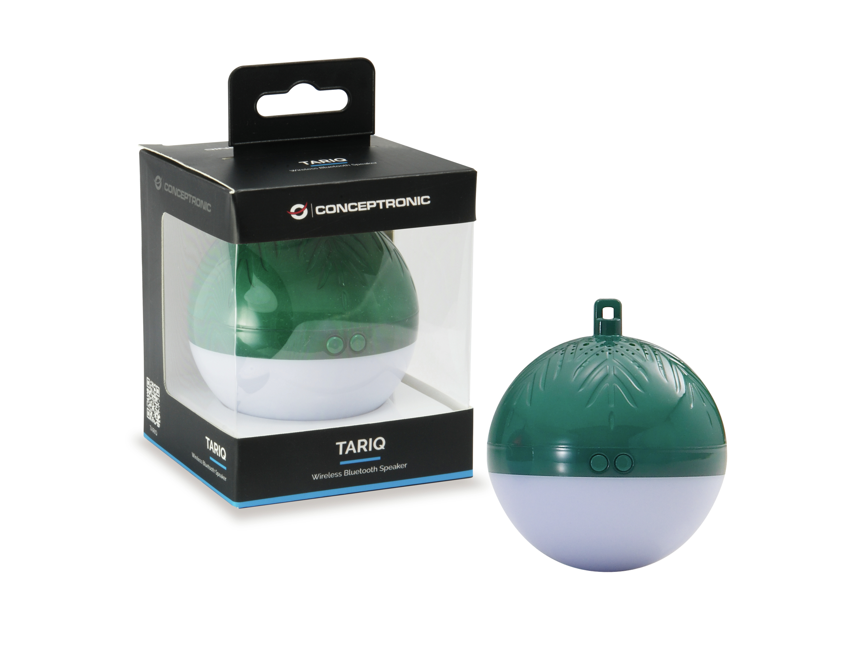 Zielony i biały głośnik w kształcie kuli w pudełku. Głośnik ma wzór palmy.