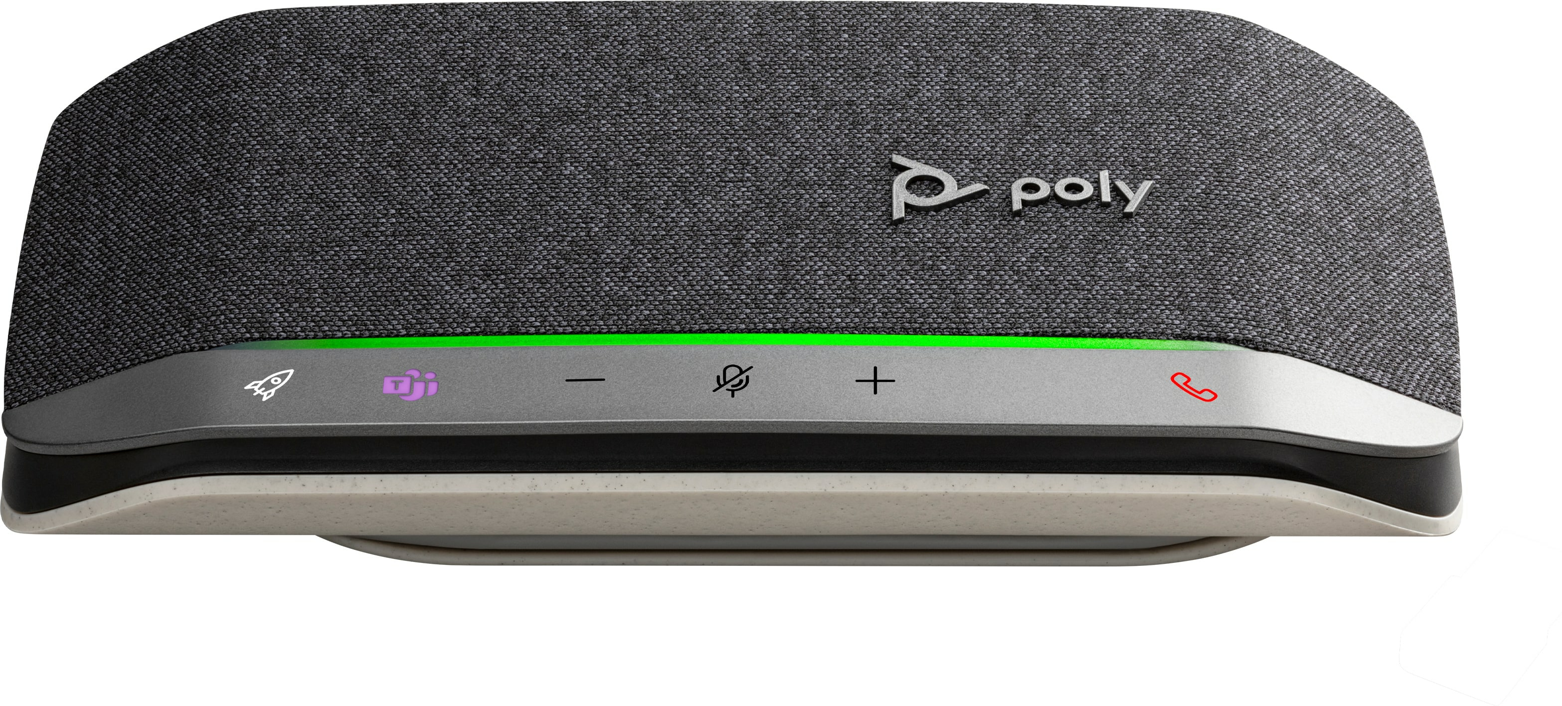 Altoparlante grigio con pulsanti e logo Poly, luce verde e base beige chiaro.