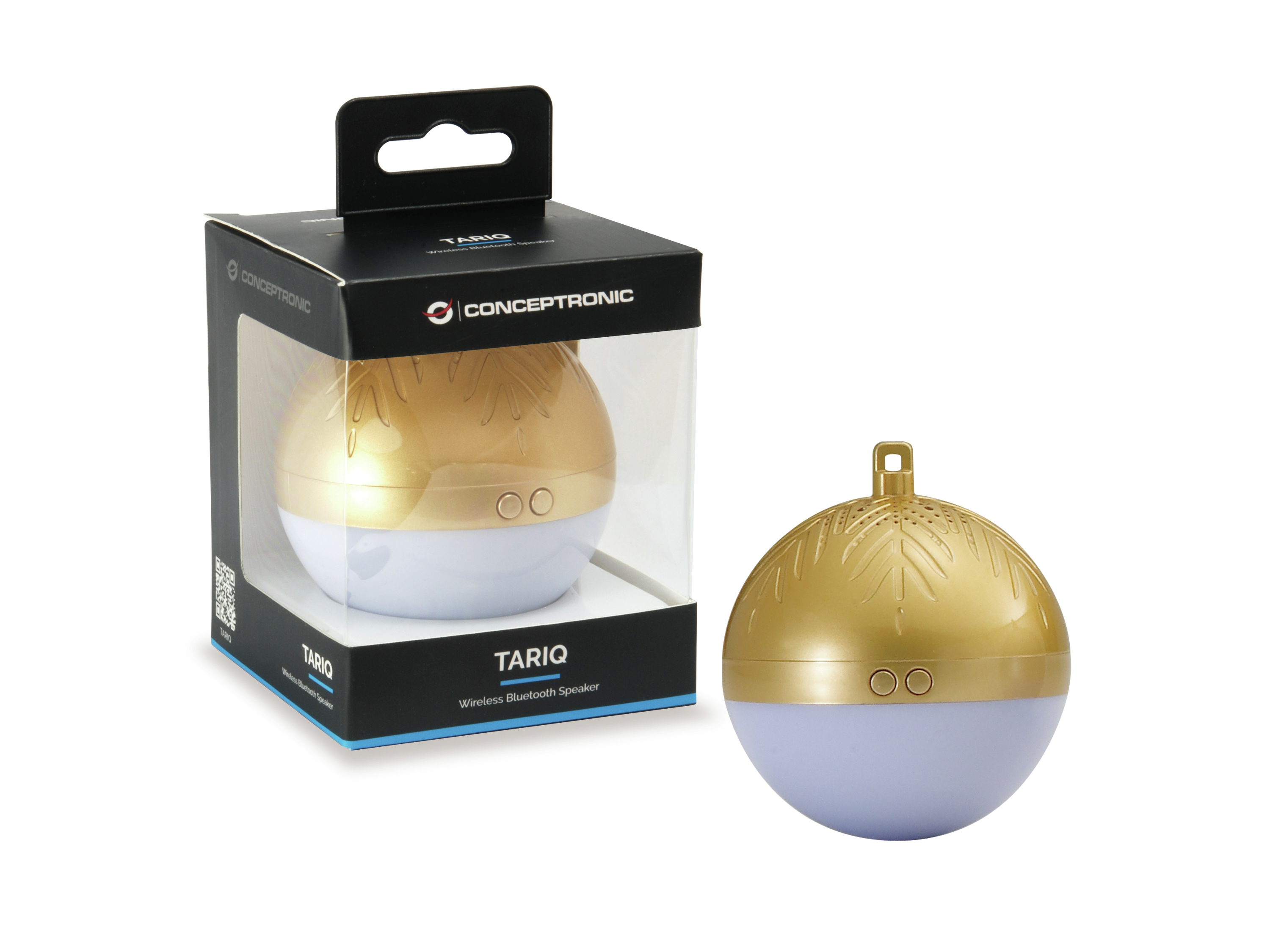 Złoty i biały głośnik bezprzewodowy w pudełku. Ma kształt kuli i wzór palm.