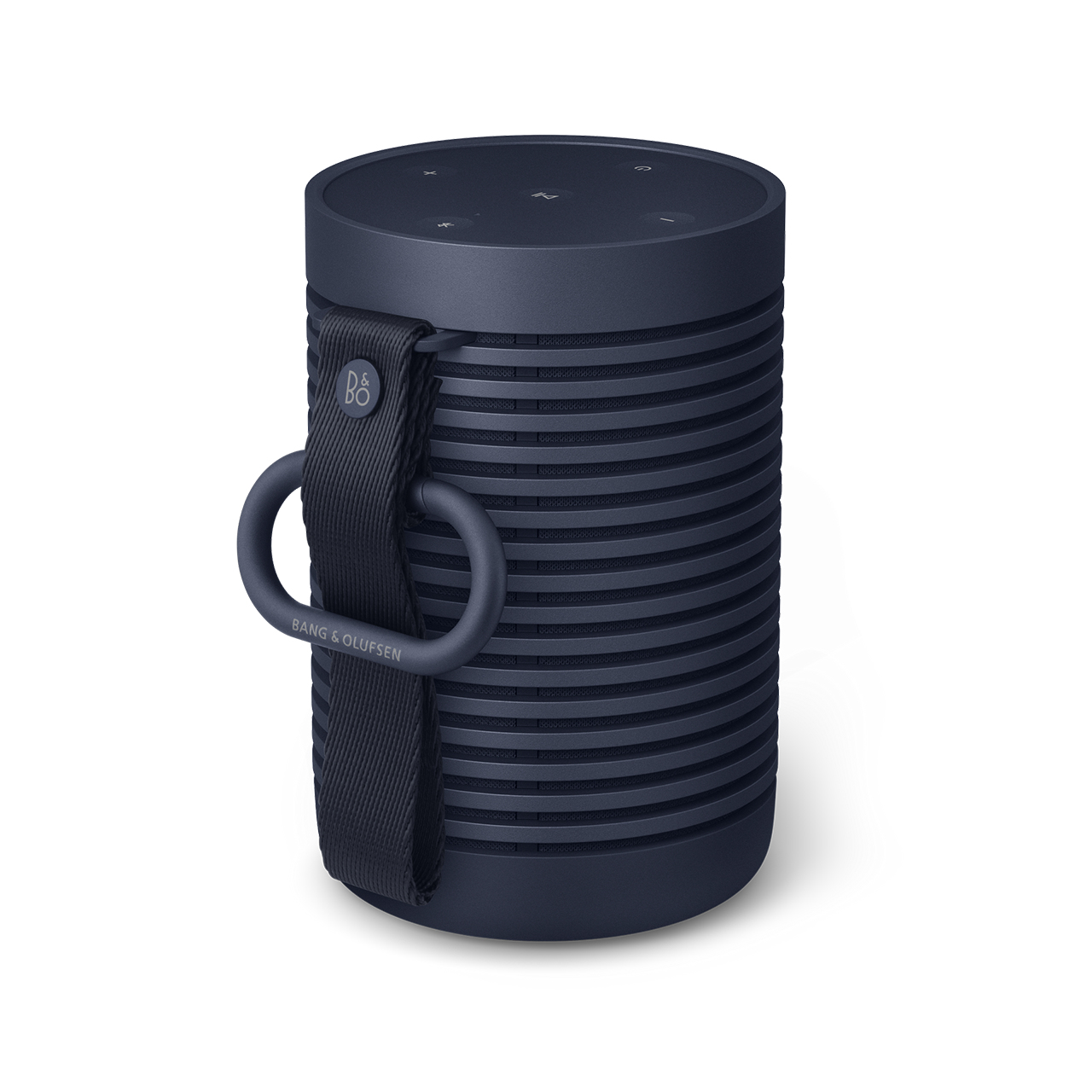 Granatowy głośnik przenośny Bang & Olufsen, z paskiem do przenoszenia.