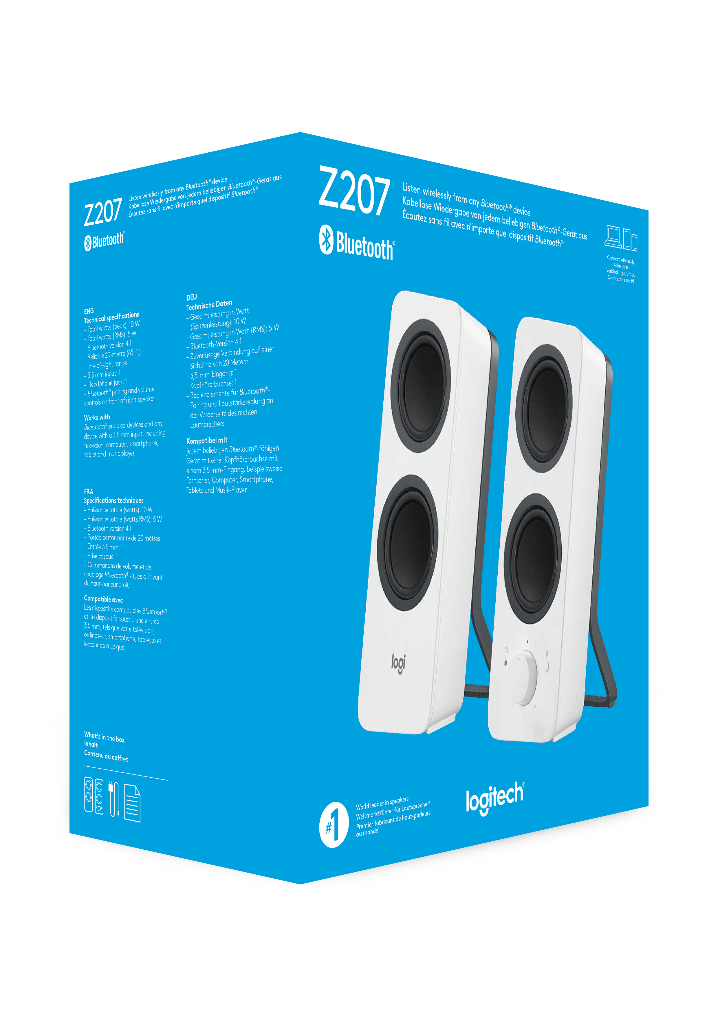 Dos altavoces Logitech blancos con un soporte negro. Están junto a una caja con información.