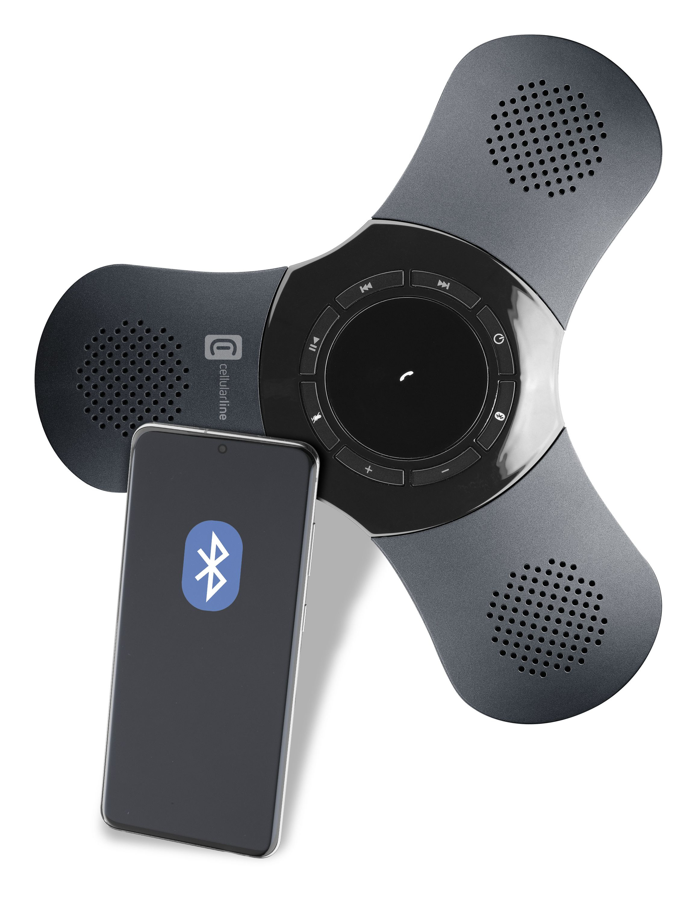 Altoparlante cellularline nero, a forma di elica. Accanto uno smartphone con logo Bluetooth.
