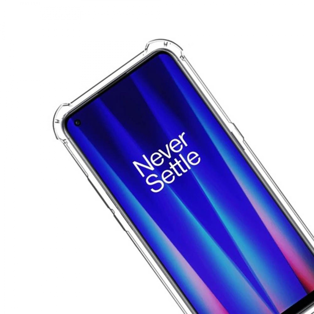 Transparente Handyhülle mit einem Telefon darin, das einen Bildschirm mit den Worten 'Never Settle' zeigt. Die Hülle ist klar.