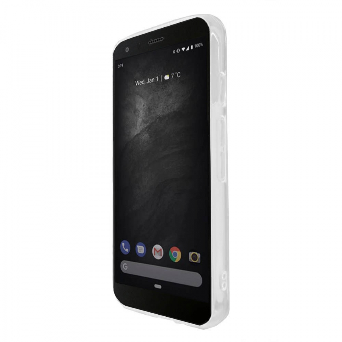 Schwarzes Smartphone mit weißem Gehäuse, Bildschirm zeigt Datum und Uhrzeit. Weißer Hintergrund.