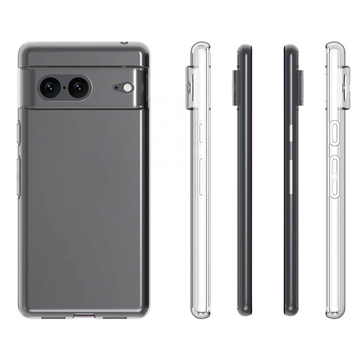Ein Telefon in einer transparenten Hülle. Sichtbar sind die Kamera, die Tasten und die transparente Hülle an den Seiten.