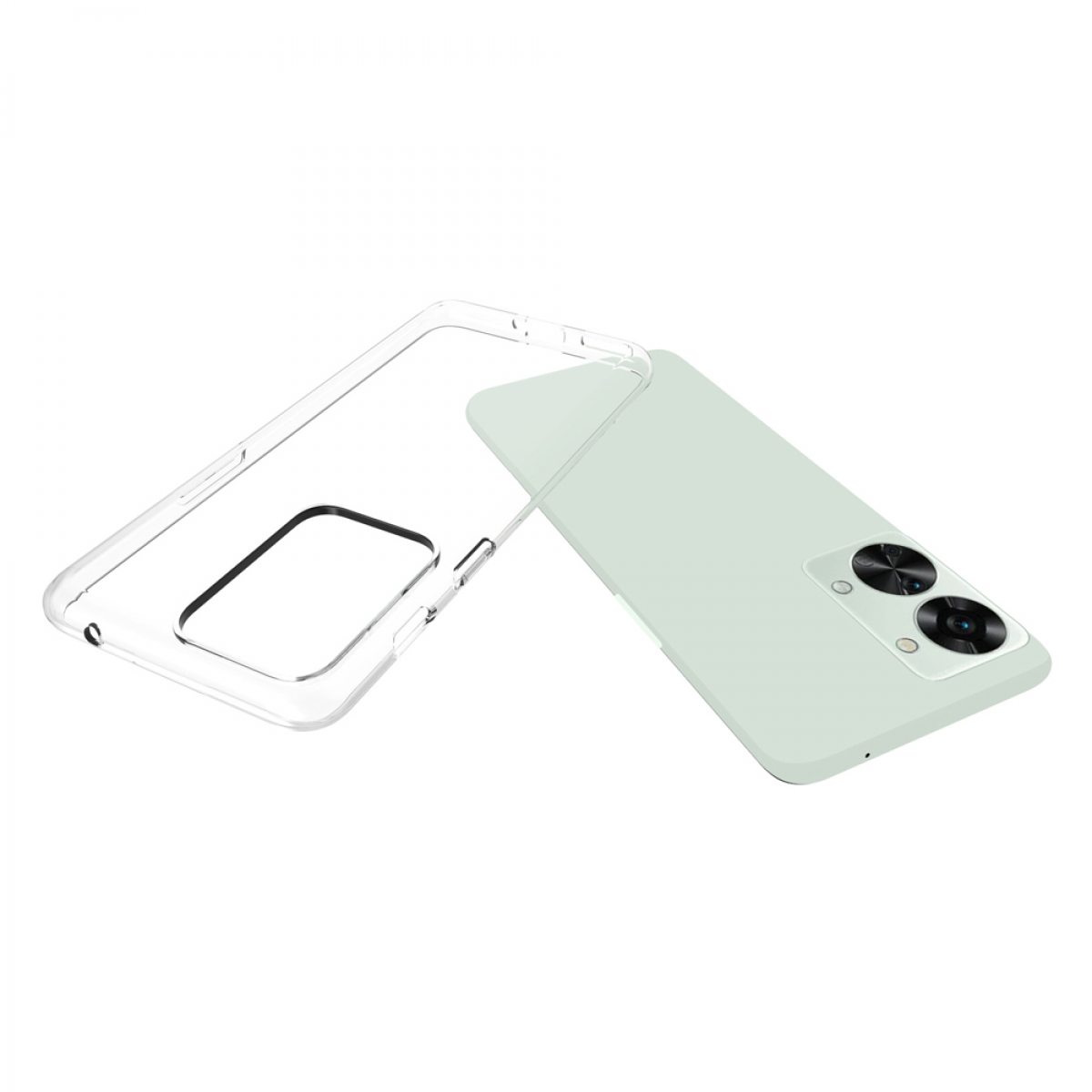 Zwei Handyhüllen. Eine ist durchsichtig und leer, die andere mintgrün und hält ein Telefon. Isoliert.