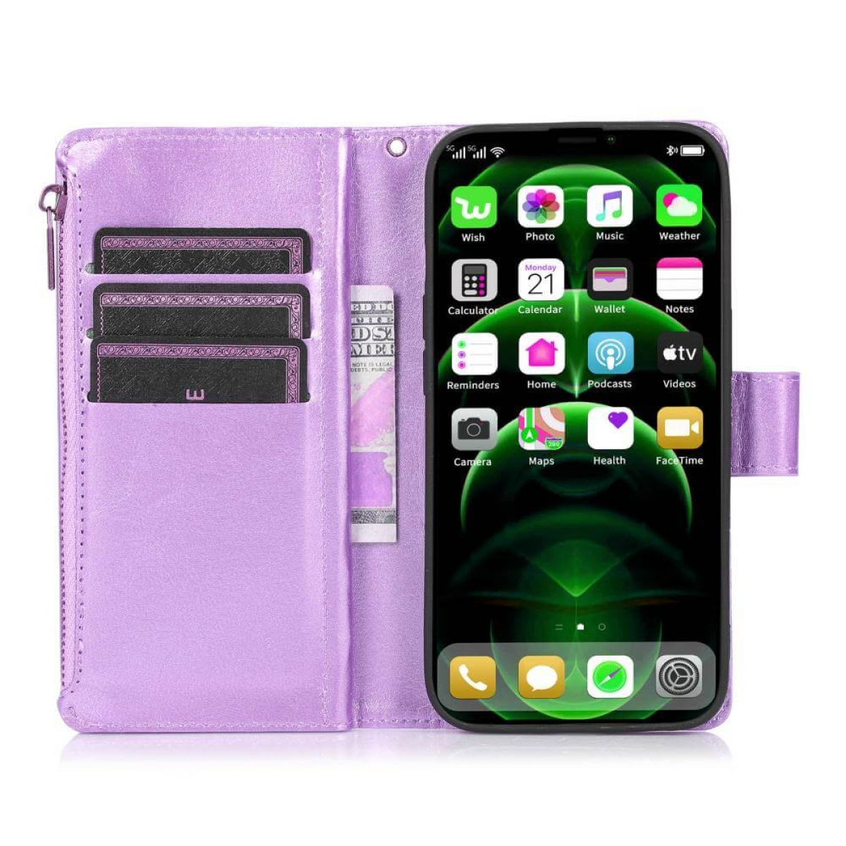 Geöffnete lila Handy-Geldbörsenhülle, die Telefon, Kartenfächer und Bargeld zeigt. Weißer Hintergrund.