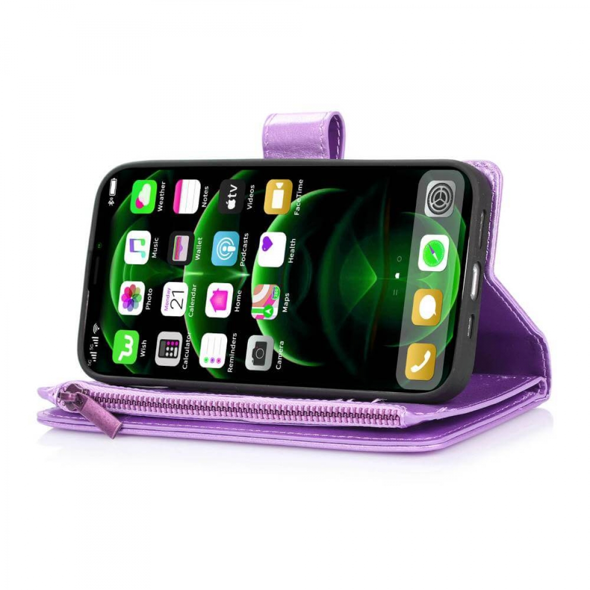 Eine lila Handyhülle mit einem Telefon darin, das den Bildschirm des Telefons zeigt.