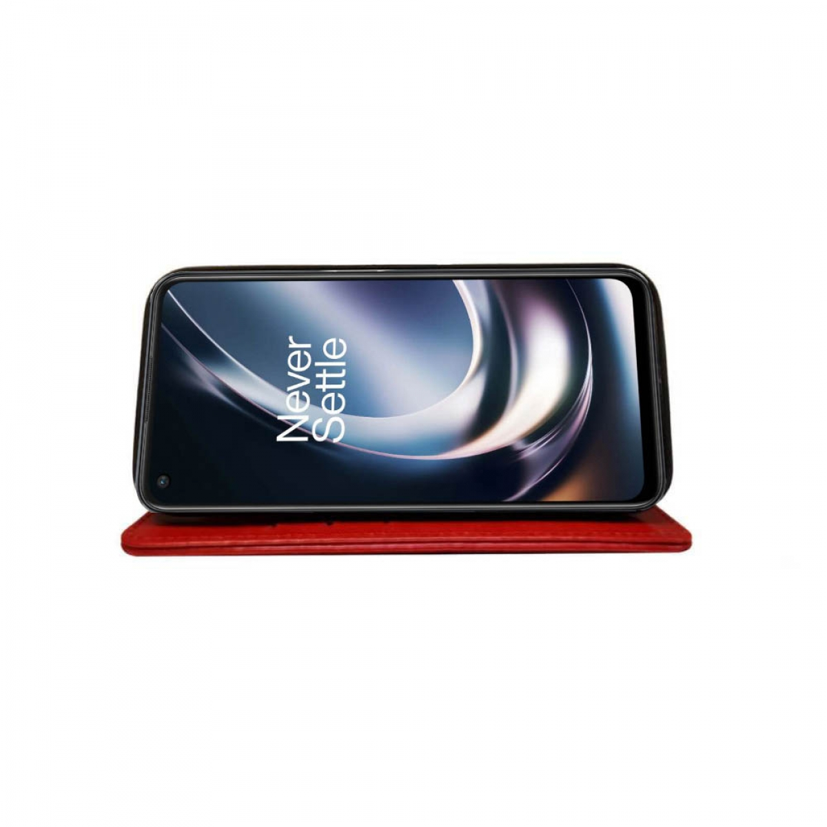 Ein Smartphone in einem roten Gehäuse, auf einem roten Ständer, weißer Hintergrund.