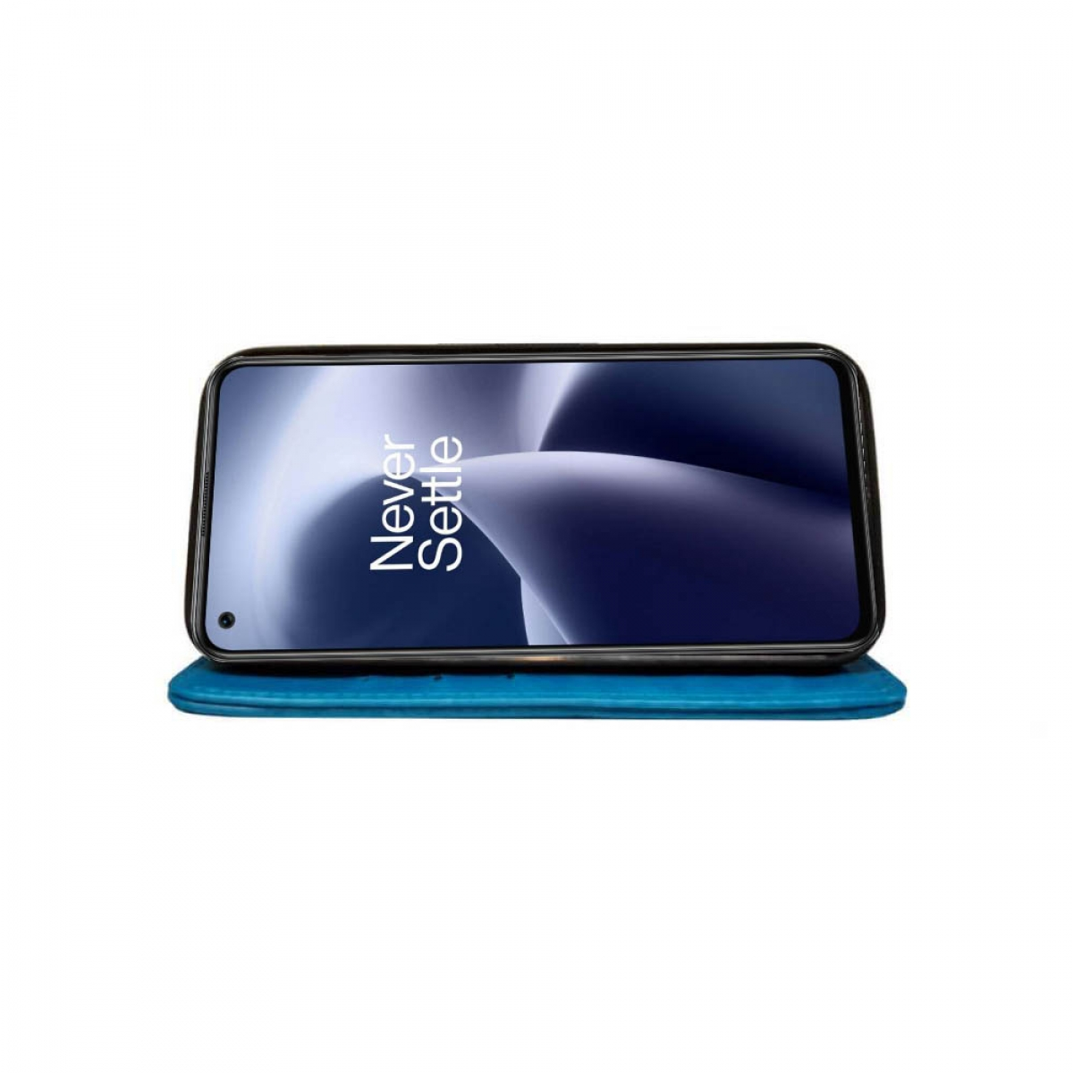 Schwarzes Telefon mit 'Never Settle'-Text auf blauem Case, auf weißer Oberfläche.