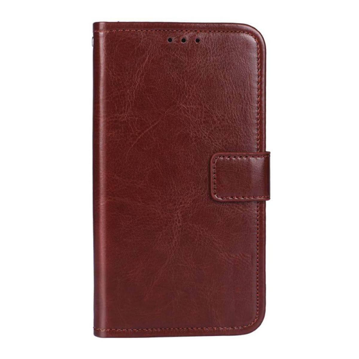 Eine braune Leder-Handyhülle, geschlossen mit einem Magnetverschluss. Schlichtes und elegantes Design.