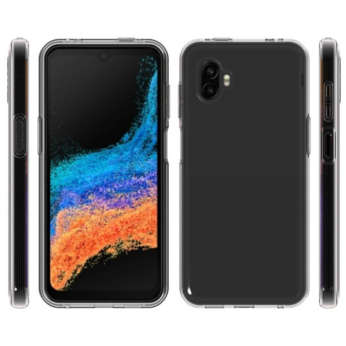 Ein Telefon mit einer transparenten Hülle. Das Telefon wird aus verschiedenen Winkeln gezeigt.