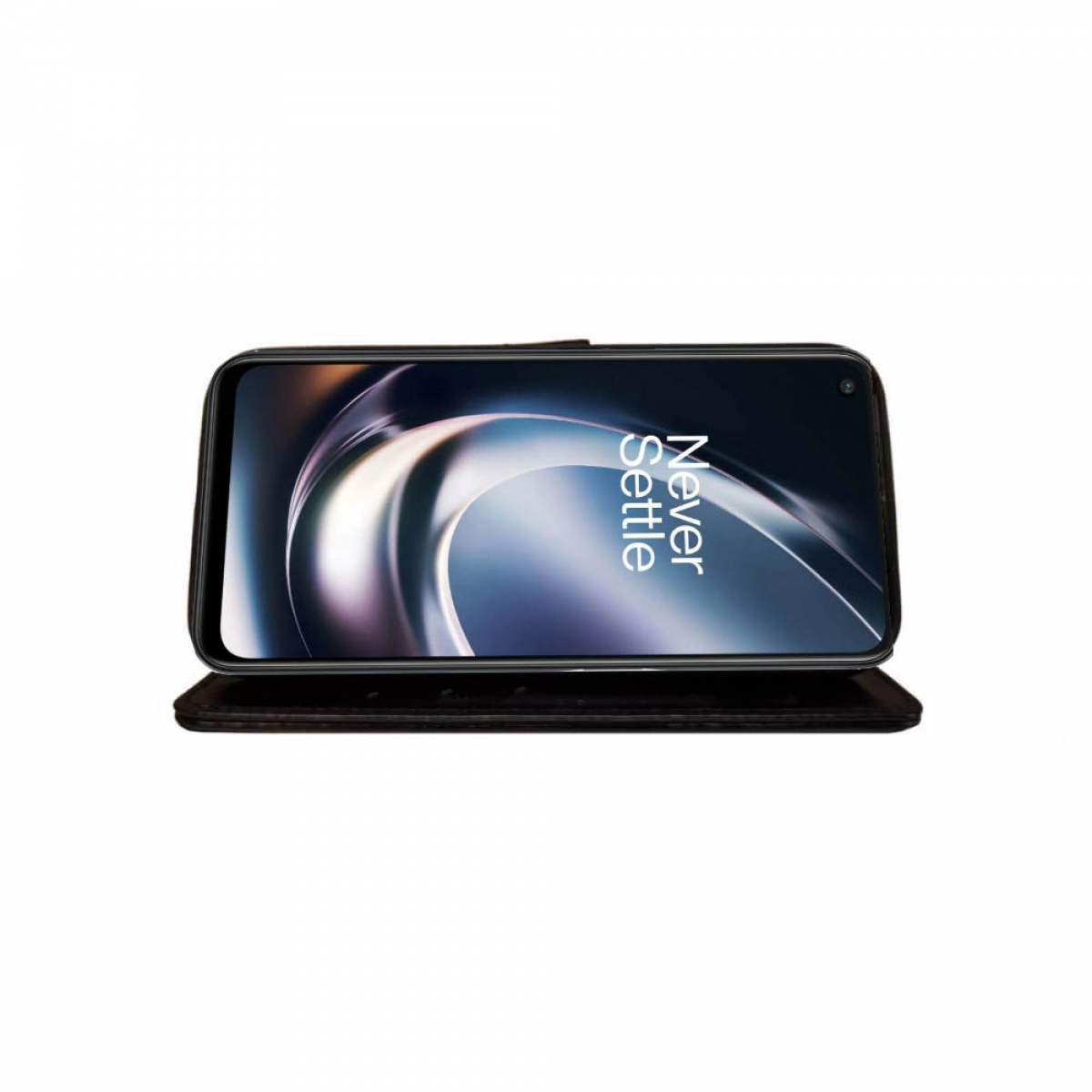 Schwarzes Telefon mit Bildschirm, der die Worte 'Never Settle' zeigt. Das Telefon liegt auf schwarzem Untergrund.