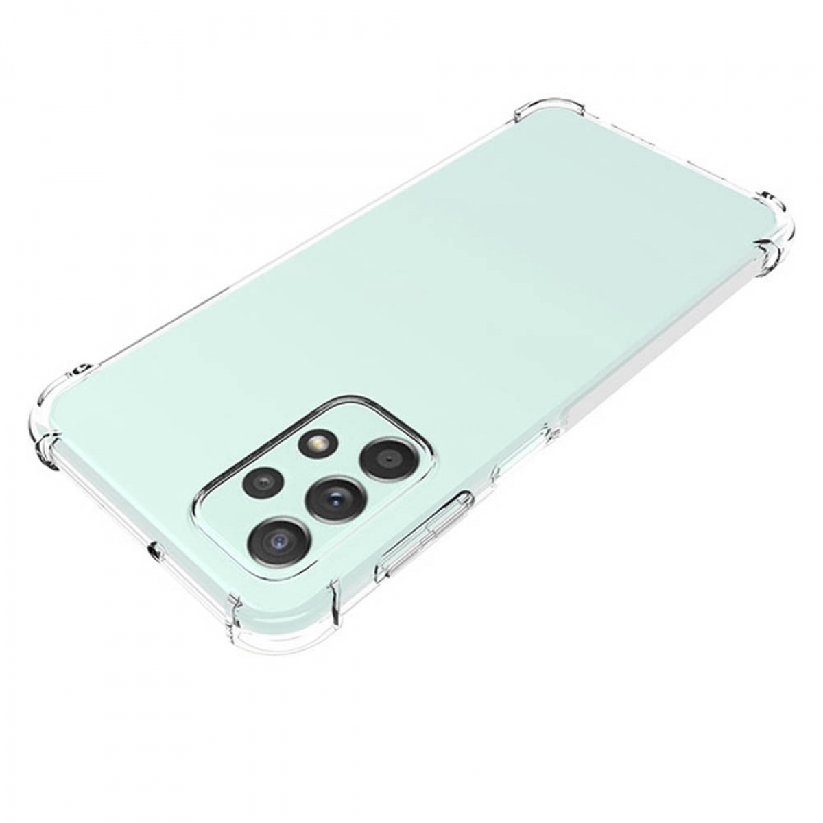 Transparente Handyhülle auf einem hellgrünen Telefon mit Dreifachkamera.