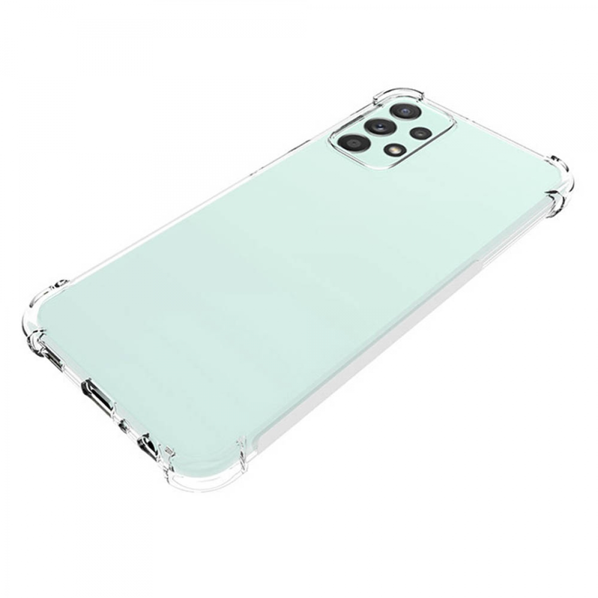 Transparente Handyhülle mit einem blauen Telefon. Das Telefon hat mehrere Kameras. Die Hülle ist fast transparent.