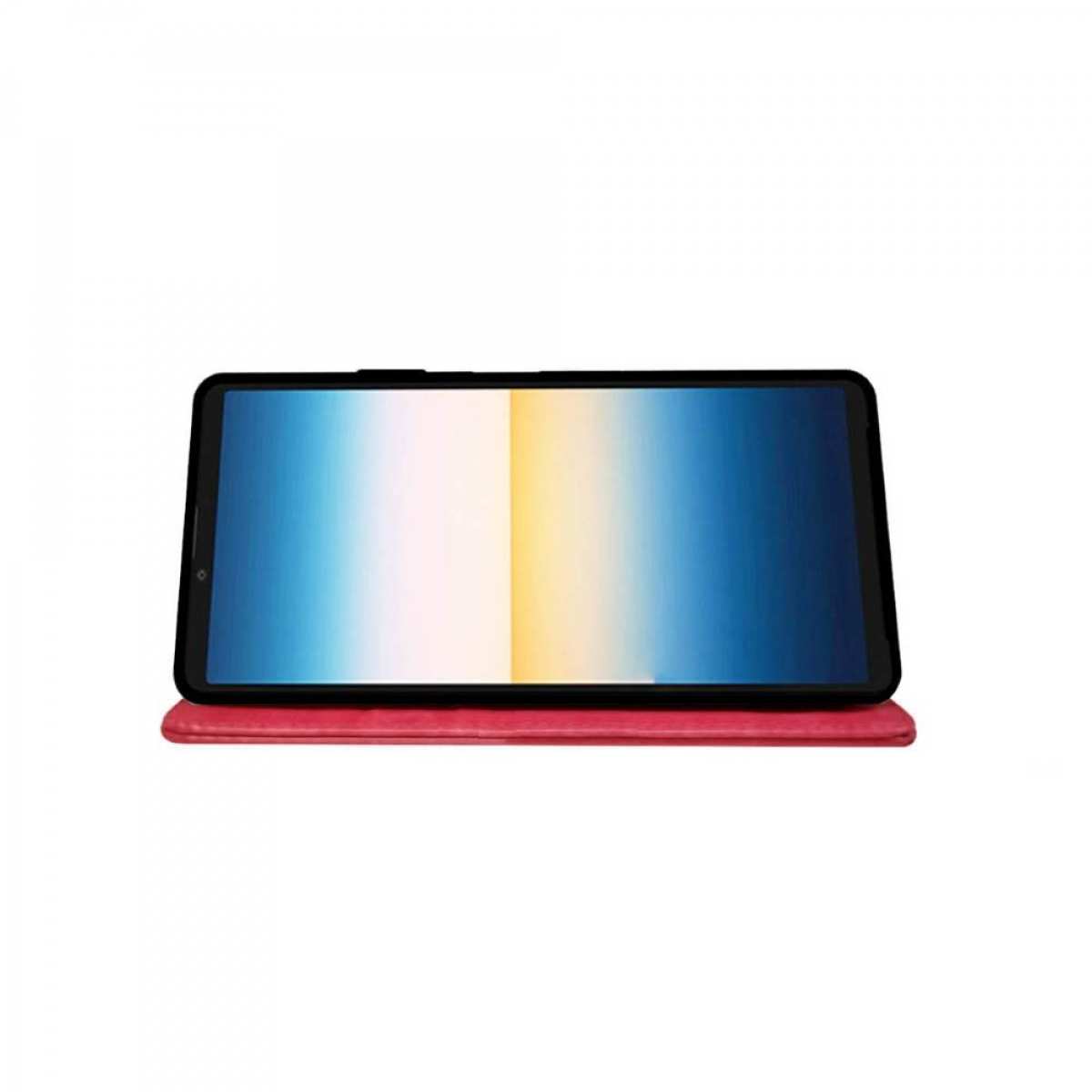 Ein offenes Tablet liegt auf einer rosa Oberfläche, der Bildschirm zeigt ein farbenfrohes Bild.