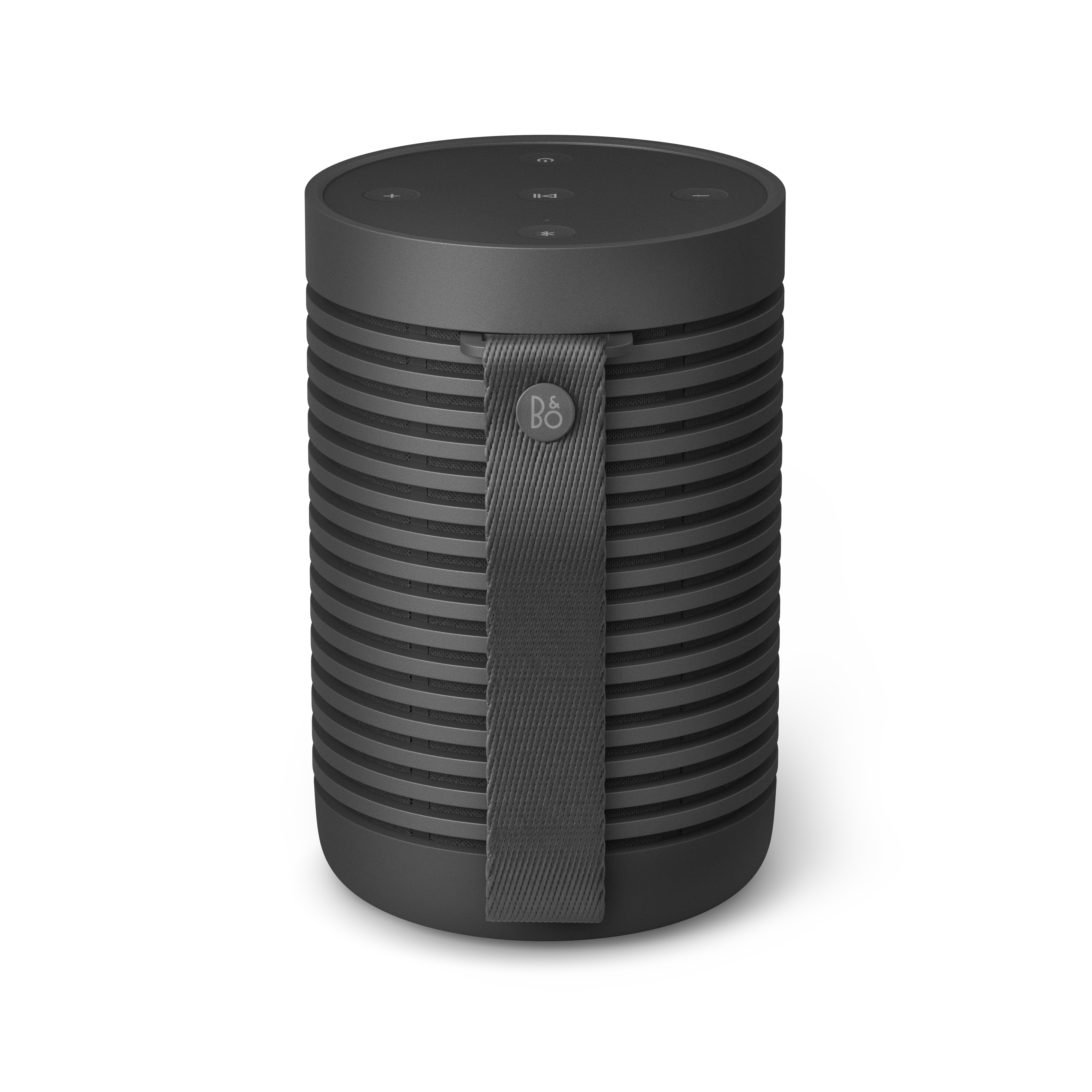 Czarny, cylindryczny głośnik z paskiem do noszenia i przyciskami sterowania na górze.