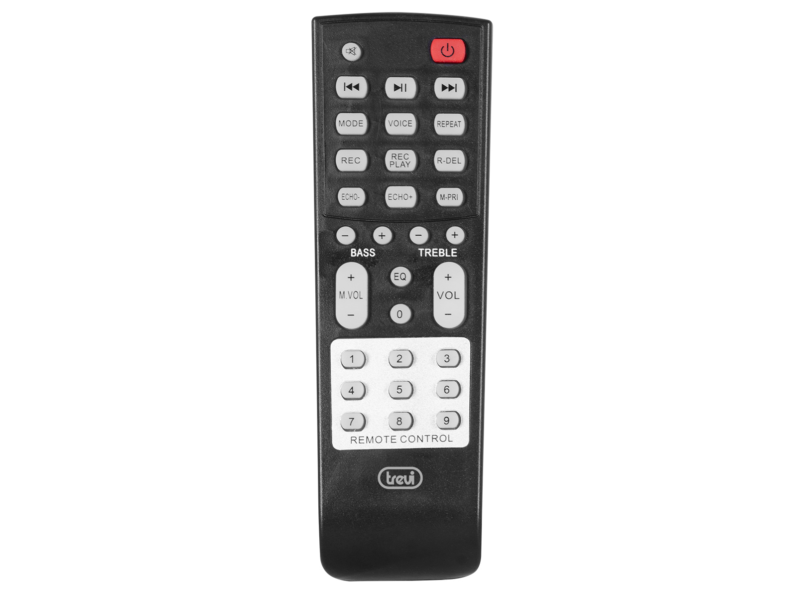 Czarny pilot z wieloma przyciskami, w tym zasilaniem, głośnością i kontrolą kanału.