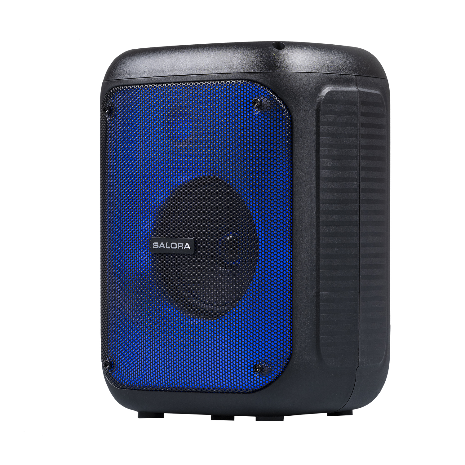 Un haut-parleur noir avec une façade en mesh bleu et un logo SALORA.