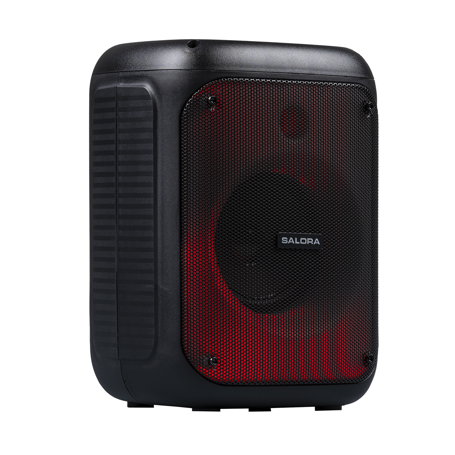 Haut-parleur rectangulaire noir avec façade en mesh rouge et logo 'SALORA'.