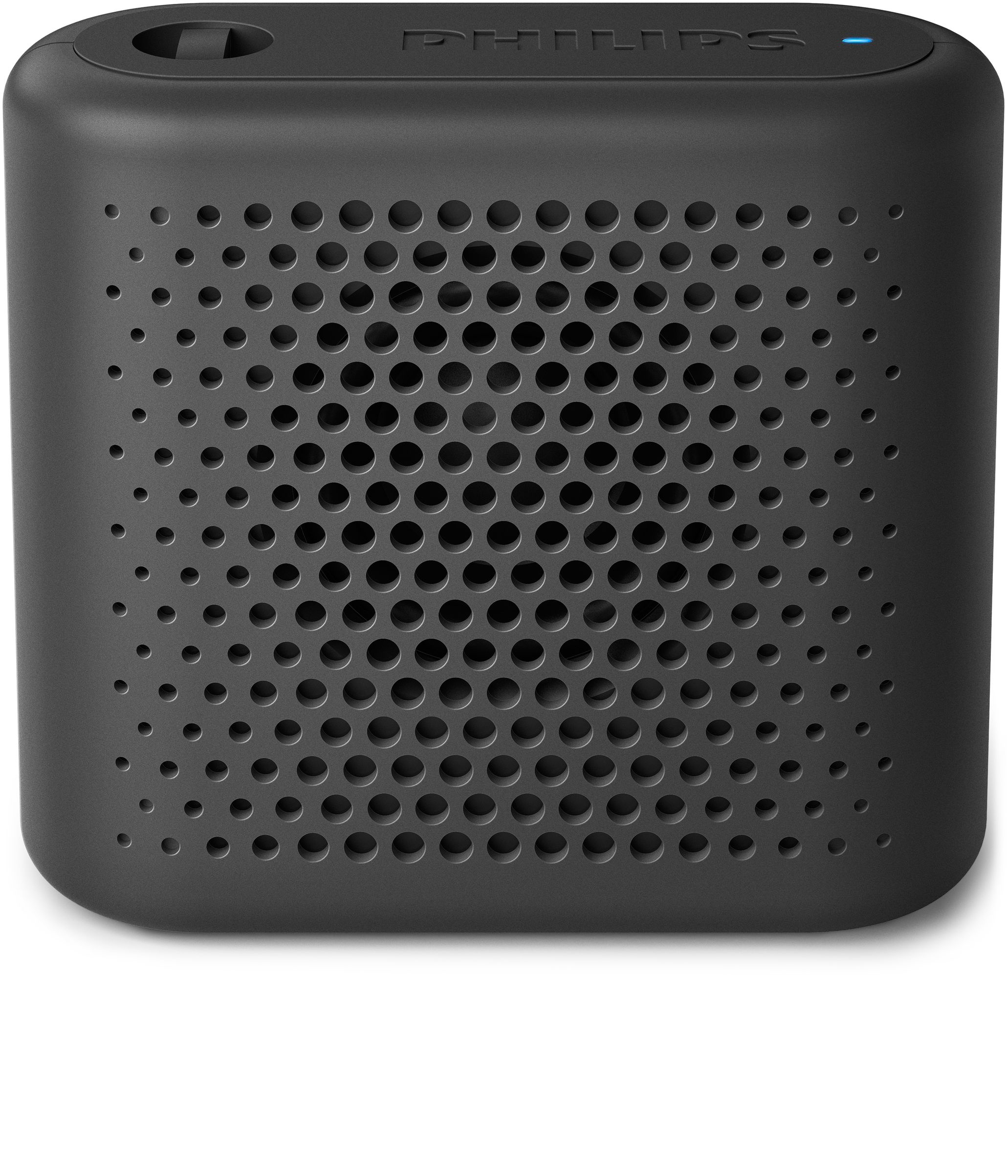 Altavoz portátil negro. Frontal perforado. Logotipo de Philips. Fondo blanco. Primer plano.