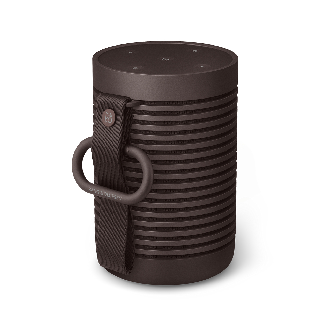 Ciemnobrązowy, cylindryczny głośnik z uchwytem w postaci pętli z tkaniny, odizolowany na białym tle.