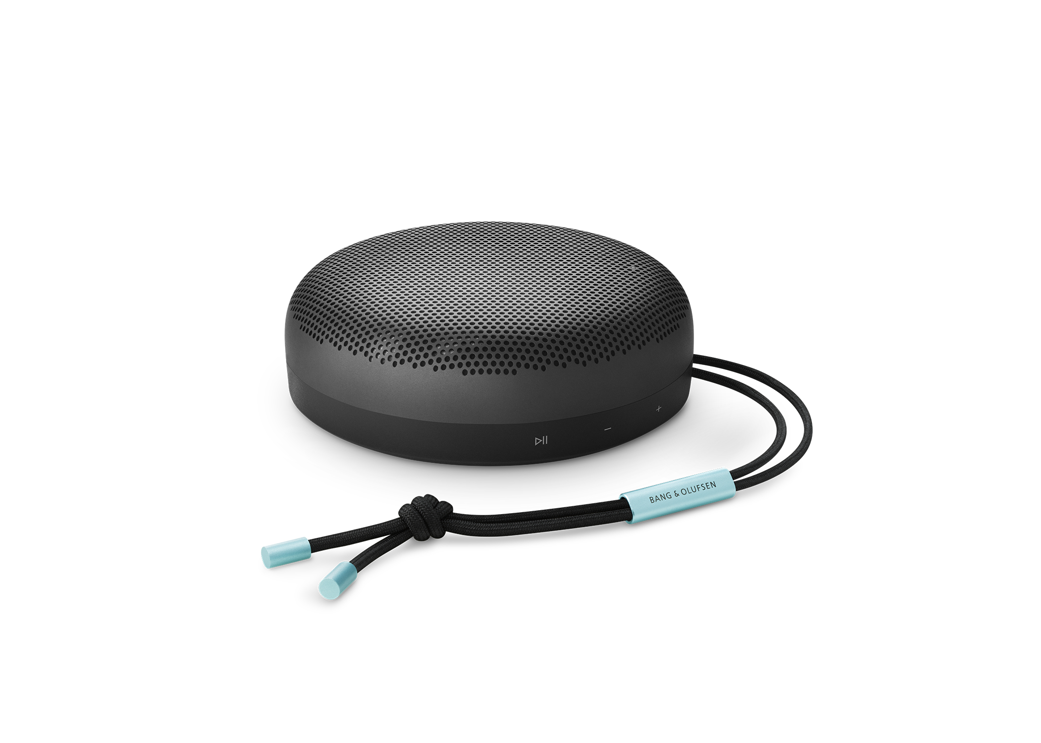 Czarny, okrągły głośnik z jasnoniebieskim kablem i logo Bang & Olufsen.