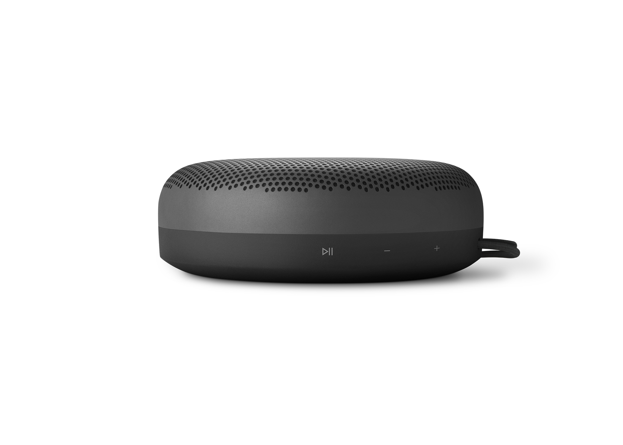 Ciemnoszary głośnik przenośny z przyciskami sterowania z boku.