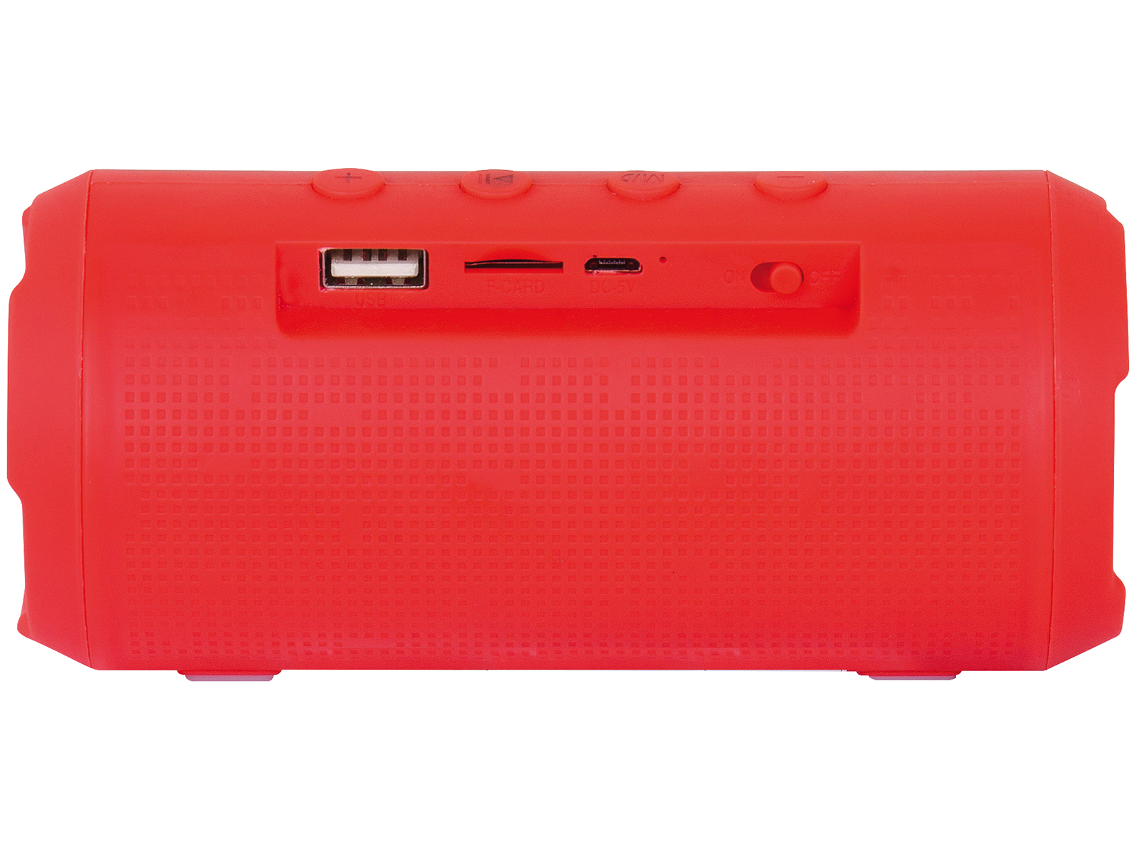 Roter tragbarer Lautsprecher mit USB-, SD-Karten- und Ladeanschlüssen. Hat Power- und Modus-Tasten.