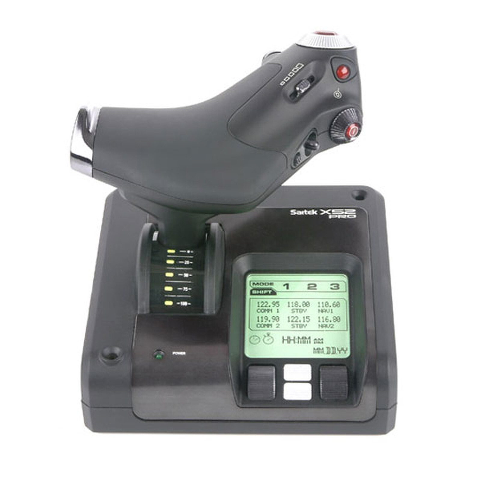 Ein Joystick mit Display und Knöpfen auf schwarzer Basis für Flugsimulation.
