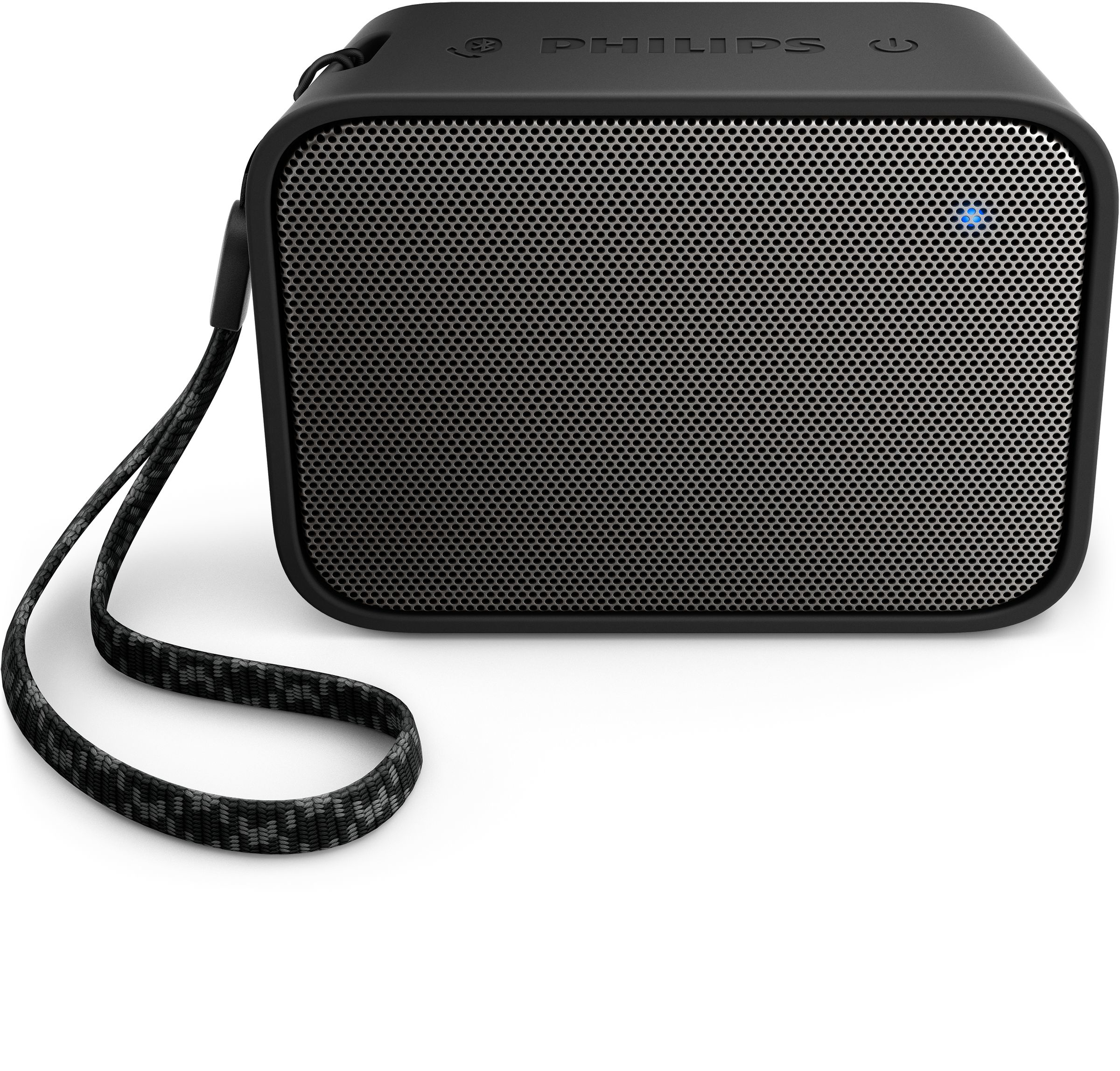Altavoz rectangular negro con rejilla frontal gris. Tiene correa. Fondo blanco.