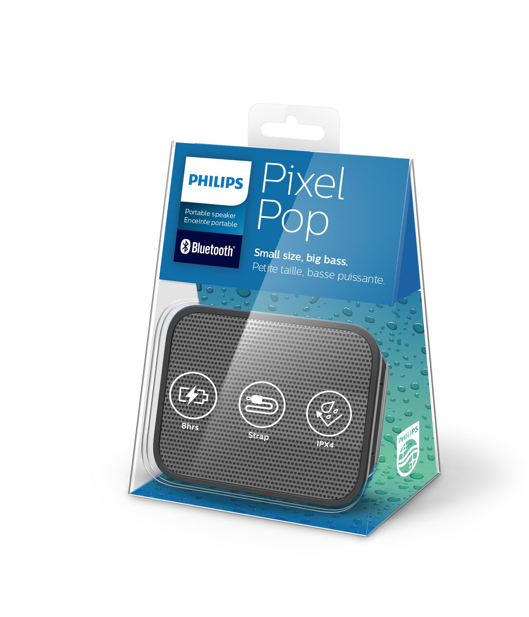 Altavoz Philips Pixel Pop en embalaje. Negro, rectangular, con Bluetooth e iconos.