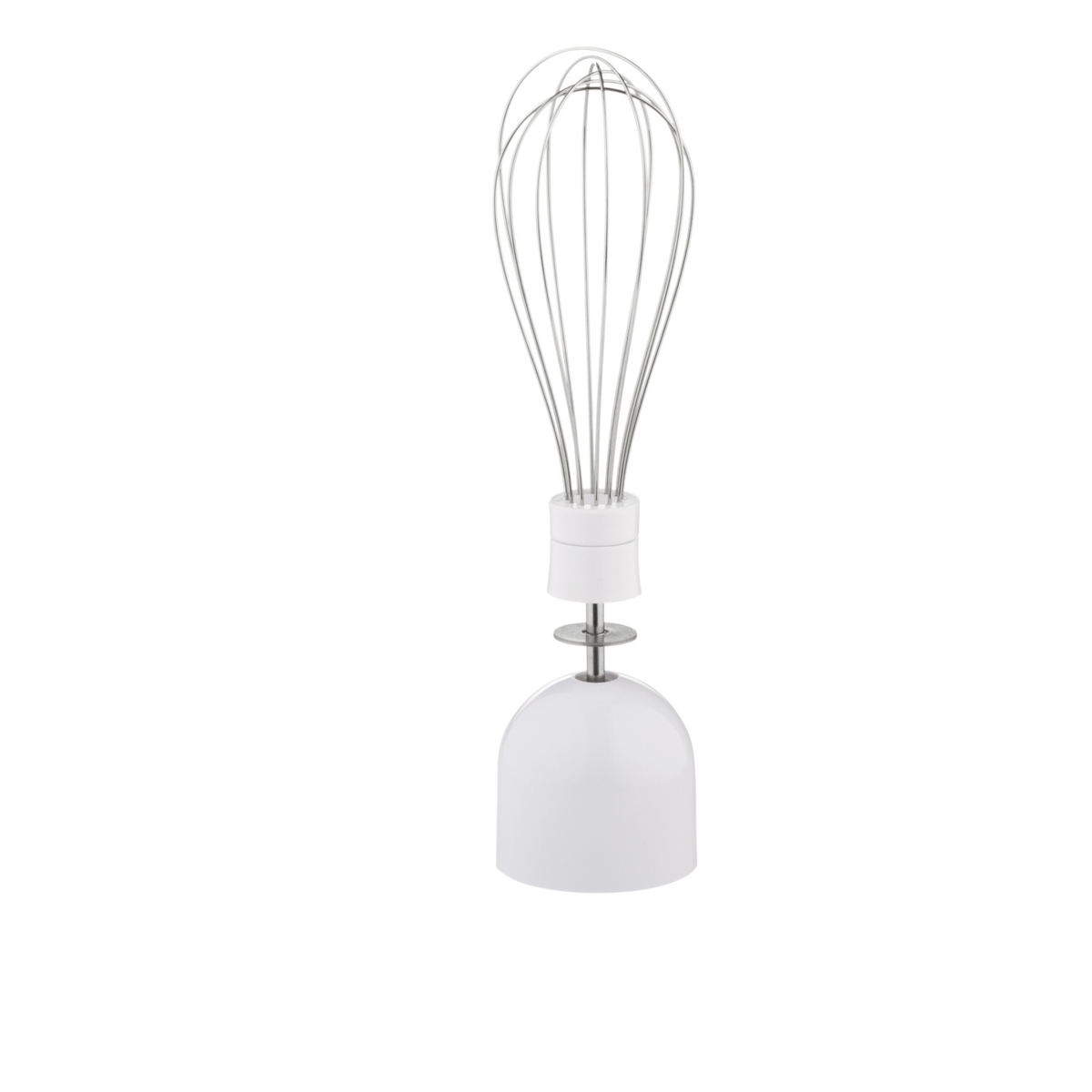 Ein weißer Handmixer-Aufsatz. Er hat einen Schneebesen oben und einen weißen Sockel.