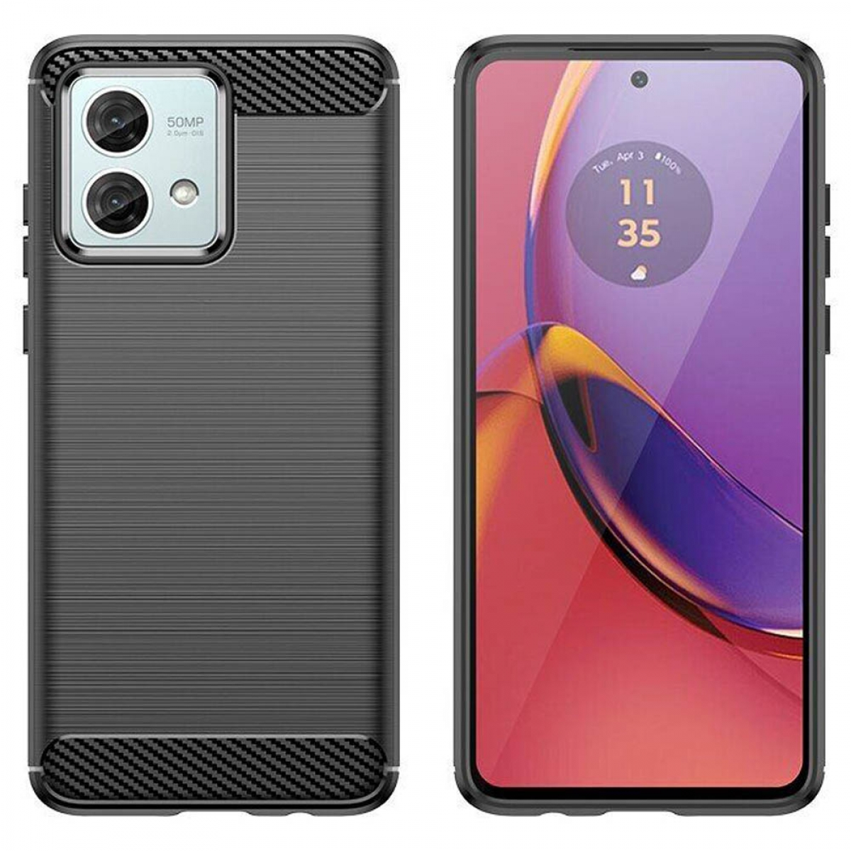 Eine schwarze Handyhülle mit strukturierter Rückseite und ein Handy mit Uhr auf buntem Hintergrund.