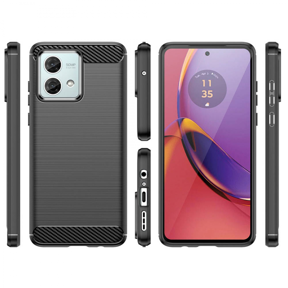 Schwarze Handyhülle mit Kohlefaserstruktur, Telefon im Inneren, auf weißem Hintergrund.