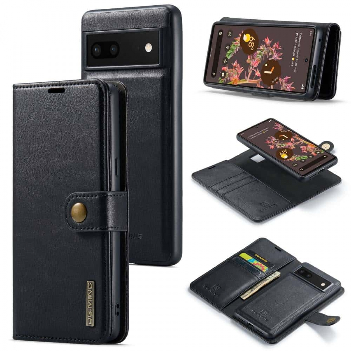 Schwarze Leder-Handyhülle mit Telefon, verschiedene Ansichten.