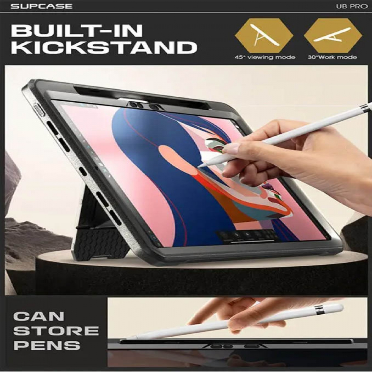 Tablet in Schutzhülle mit Stift. Hülle hat integrierten Ständer zur Ansicht.