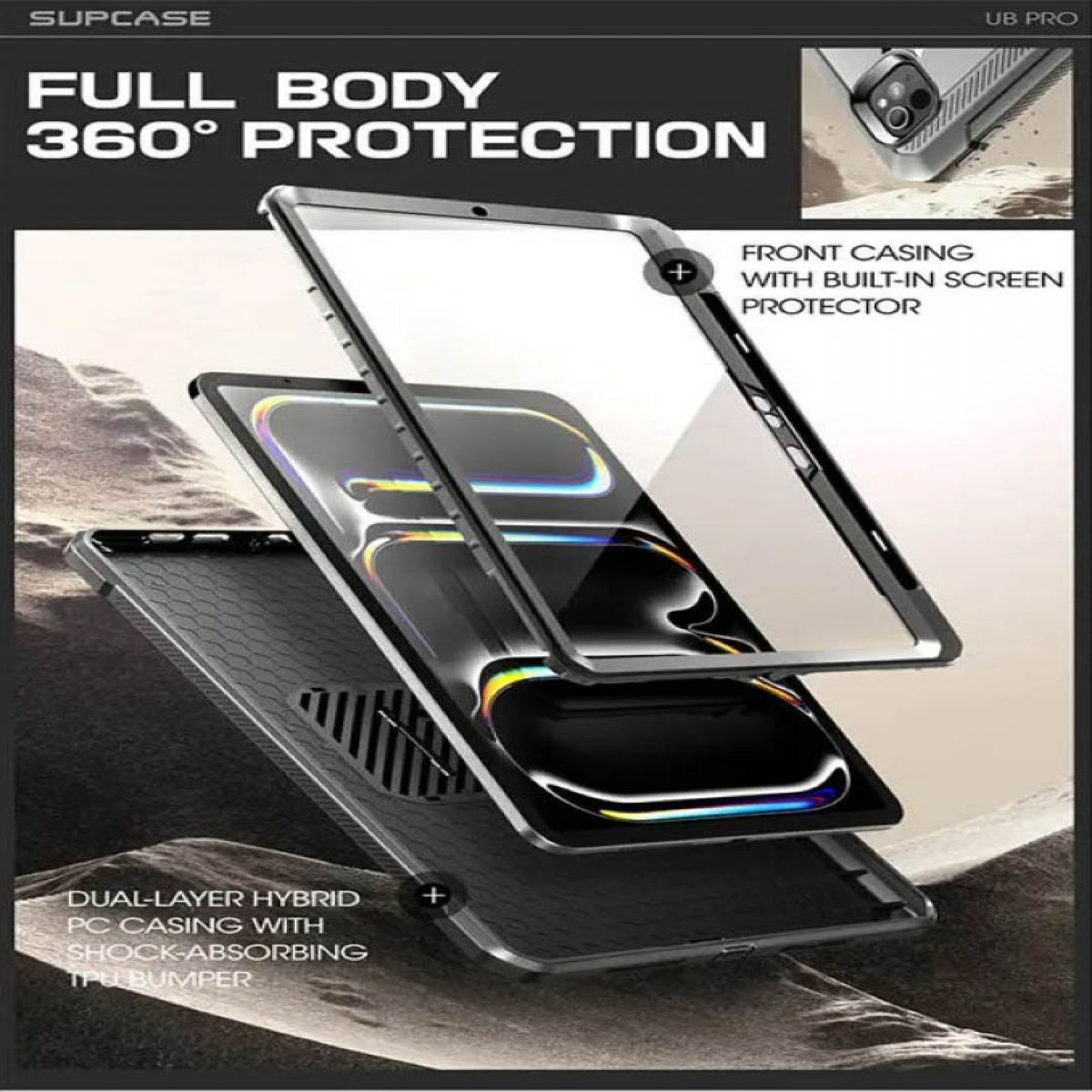 Handyhülle mit drei Schichten, schwarz und grau. Text: FULL BODY 360° PROTECTION. Weißer HG.