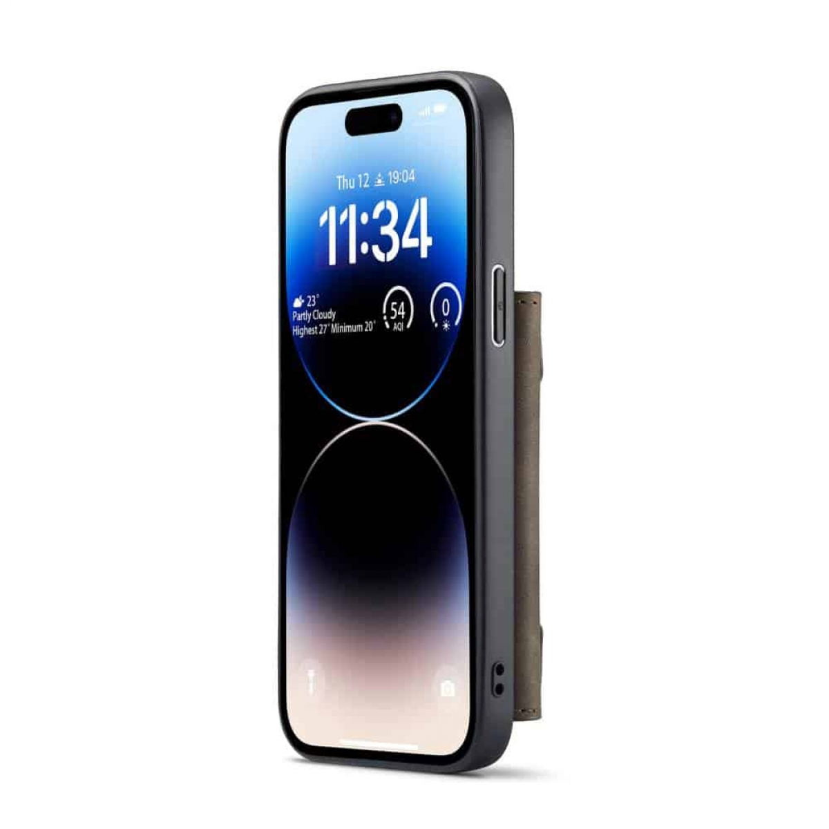 Schwarzes Telefon mit Hülle und Kartenhalter.