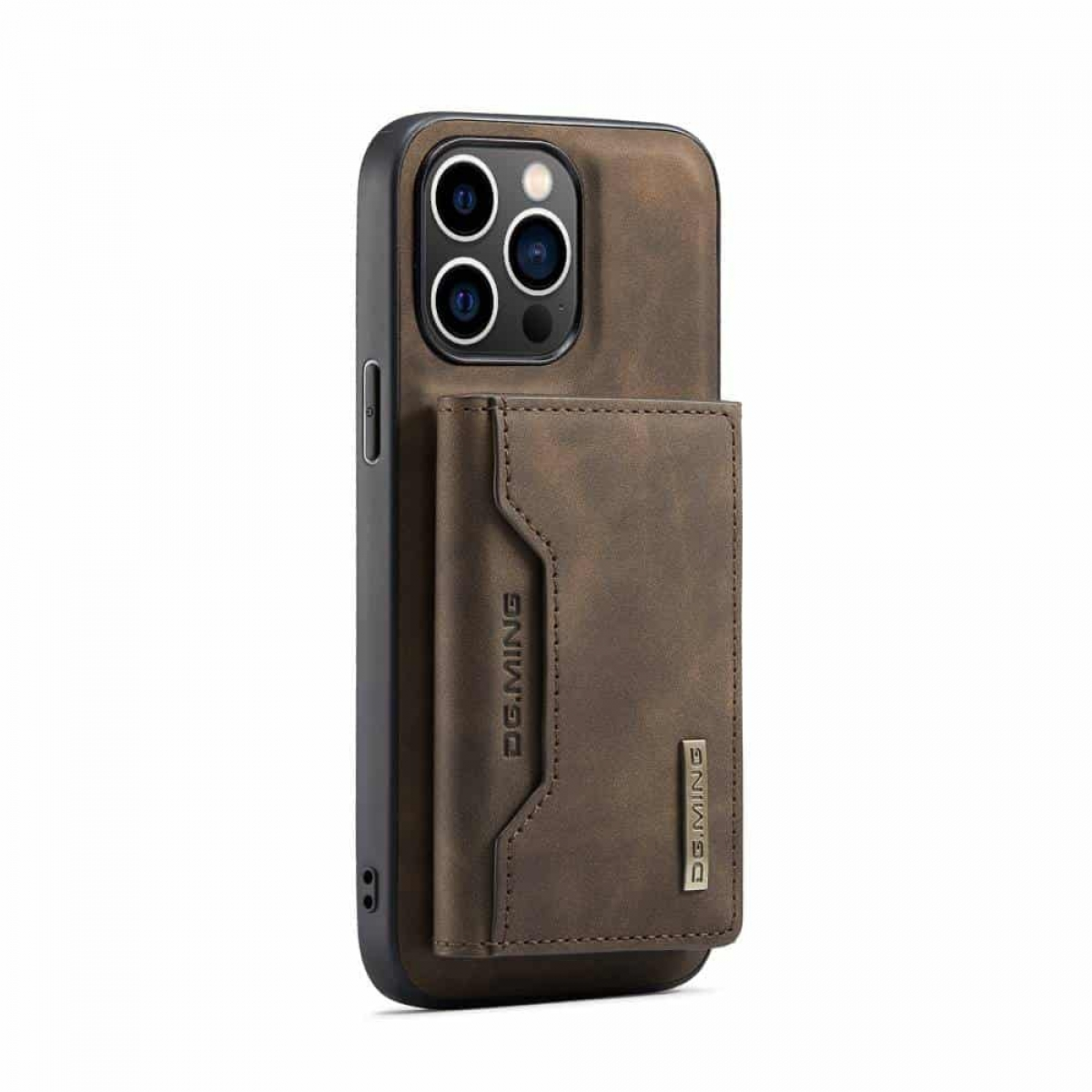 Braune Leder-Handyhülle mit Kartenhalter und Telefon.