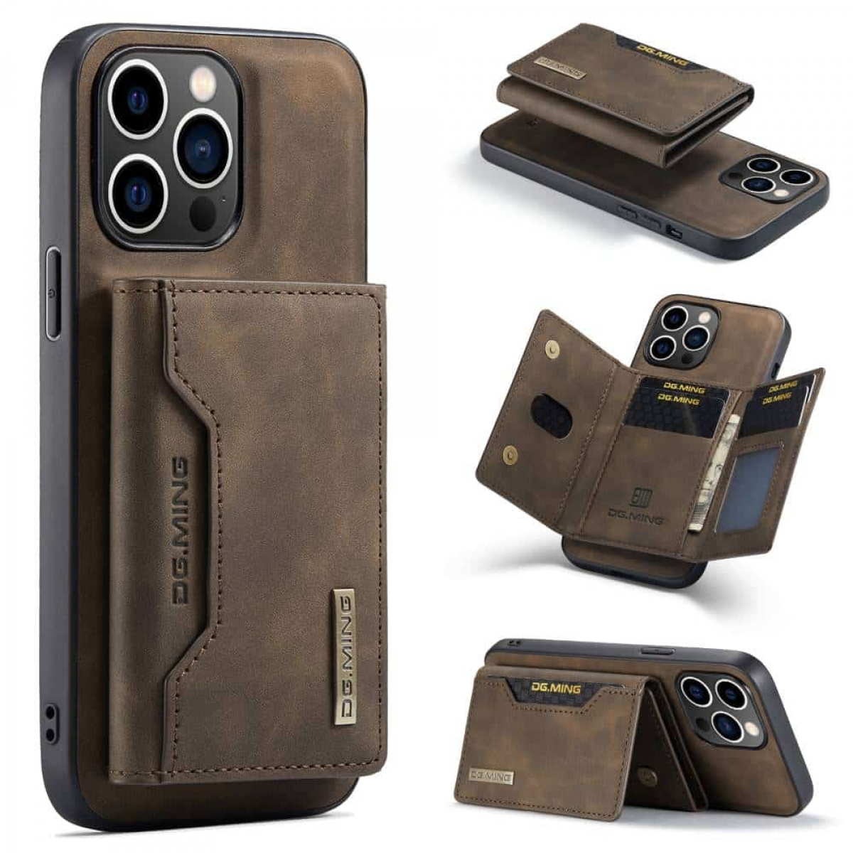 Braune Leder-Handyhülle mit Geldbörse. Mehrere Ansichten mit Kartenfächern und Telefon.